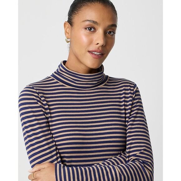 J.Crew Women’s Navy Camel Striped Cotton Tissue Long Sleeve Turtleneck Size M - Picture 4 of 13